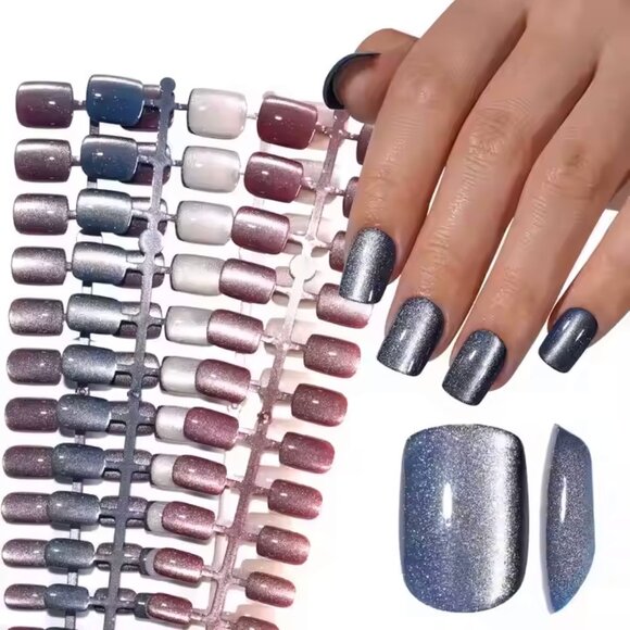 SheSlay Cat Eye Glitter Gel Press-On Nails | 120pcs Short Square - Picture 6 of 7